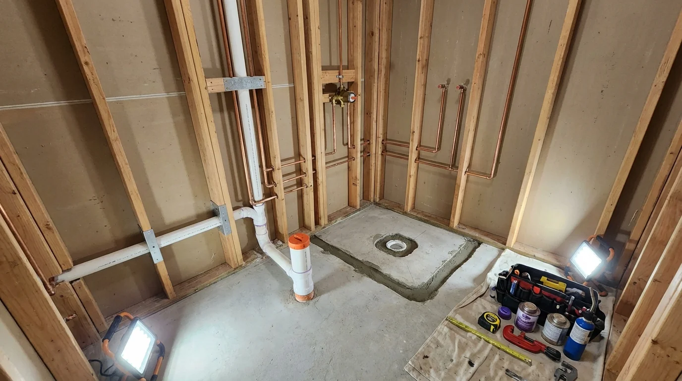 Bathroom rough-in plumbing during remodel by Johns Plumbing LLC in Damascus
