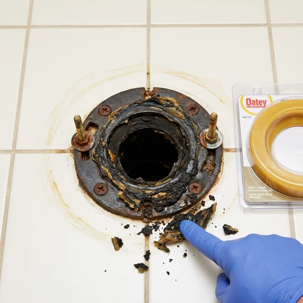 Failed wax ring showing water seepage at the base of a toilet in a Damascus, OR home