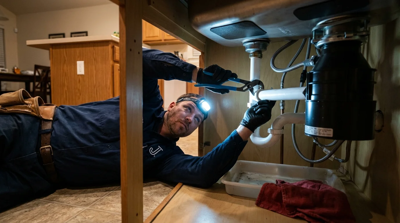 P-trap and supply line connections under a kitchen sink showing a common leak point in Damascus, OR
